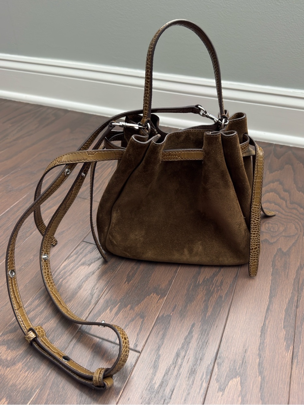 Tory Burch Romy Suede Bucket Bag - Deep Olive - Picture 4 of 10
